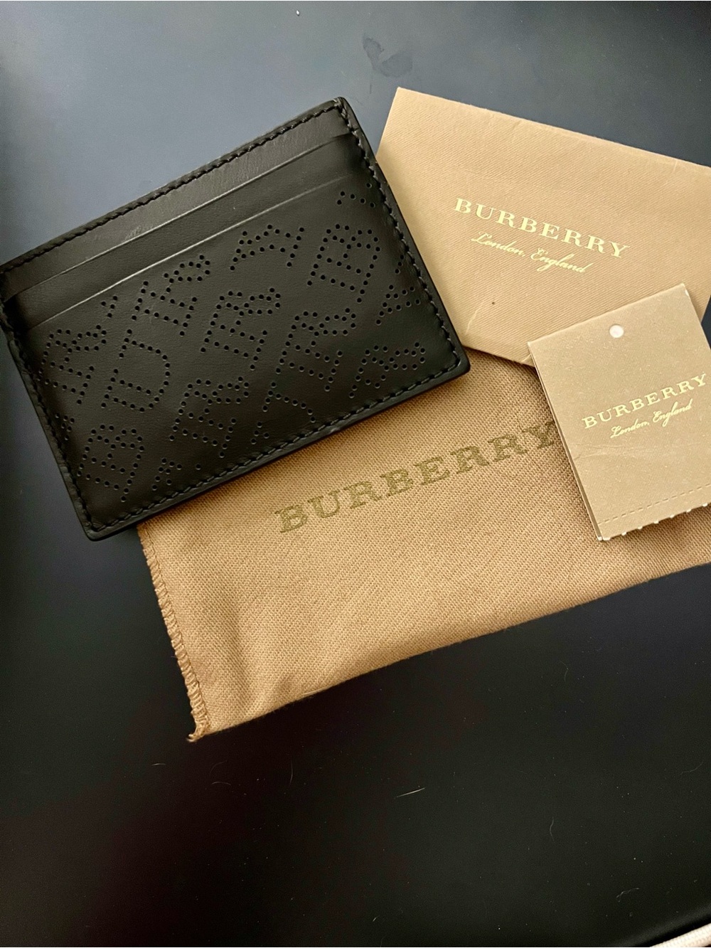 BNWT Pristine Burberry Black Perforated Leather Card Holder. Auth Retail 395.00